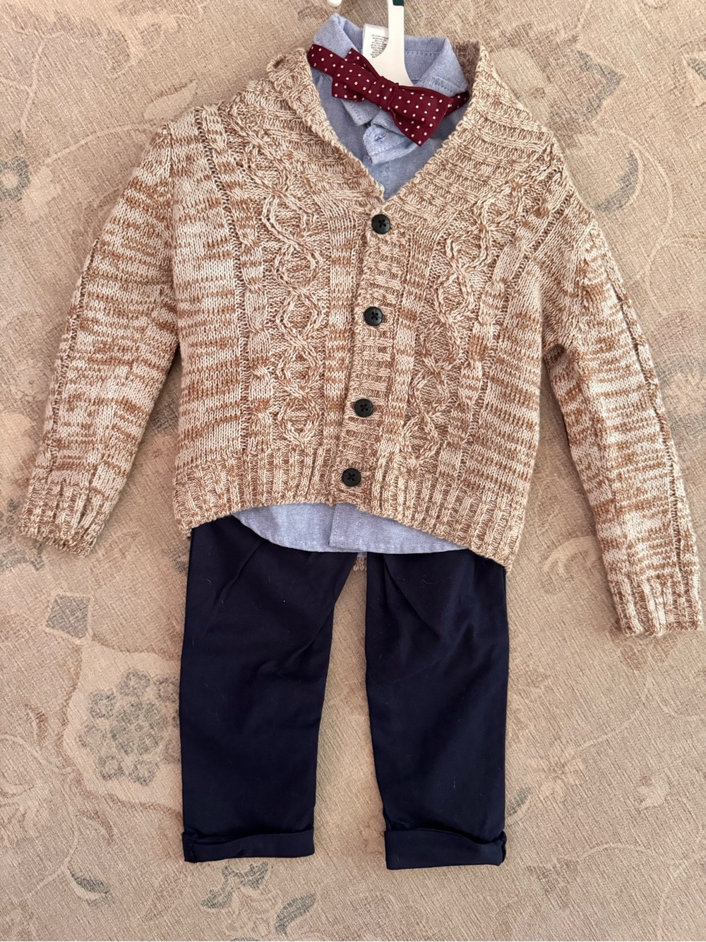 Beige Cable Knit Shawl Collar Cardigan for Kids & bow tie 😩